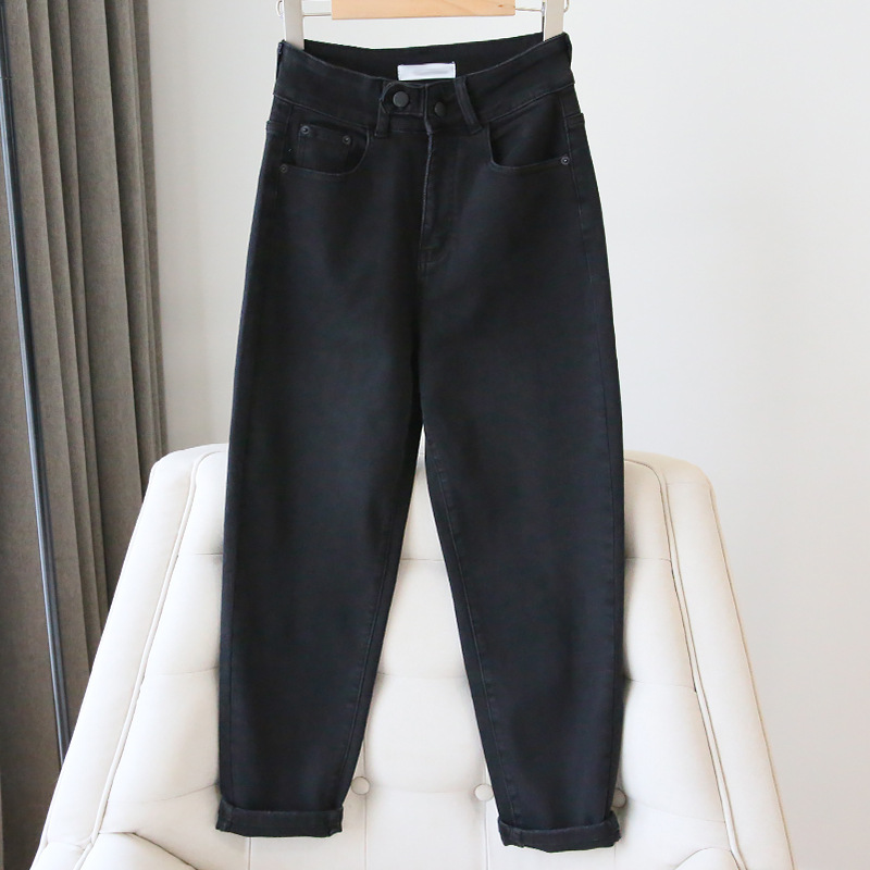 弹力黑色百搭直筒牛仔裤女秋冬季款高腰显瘦九分老爹萝卜哈伦裤子