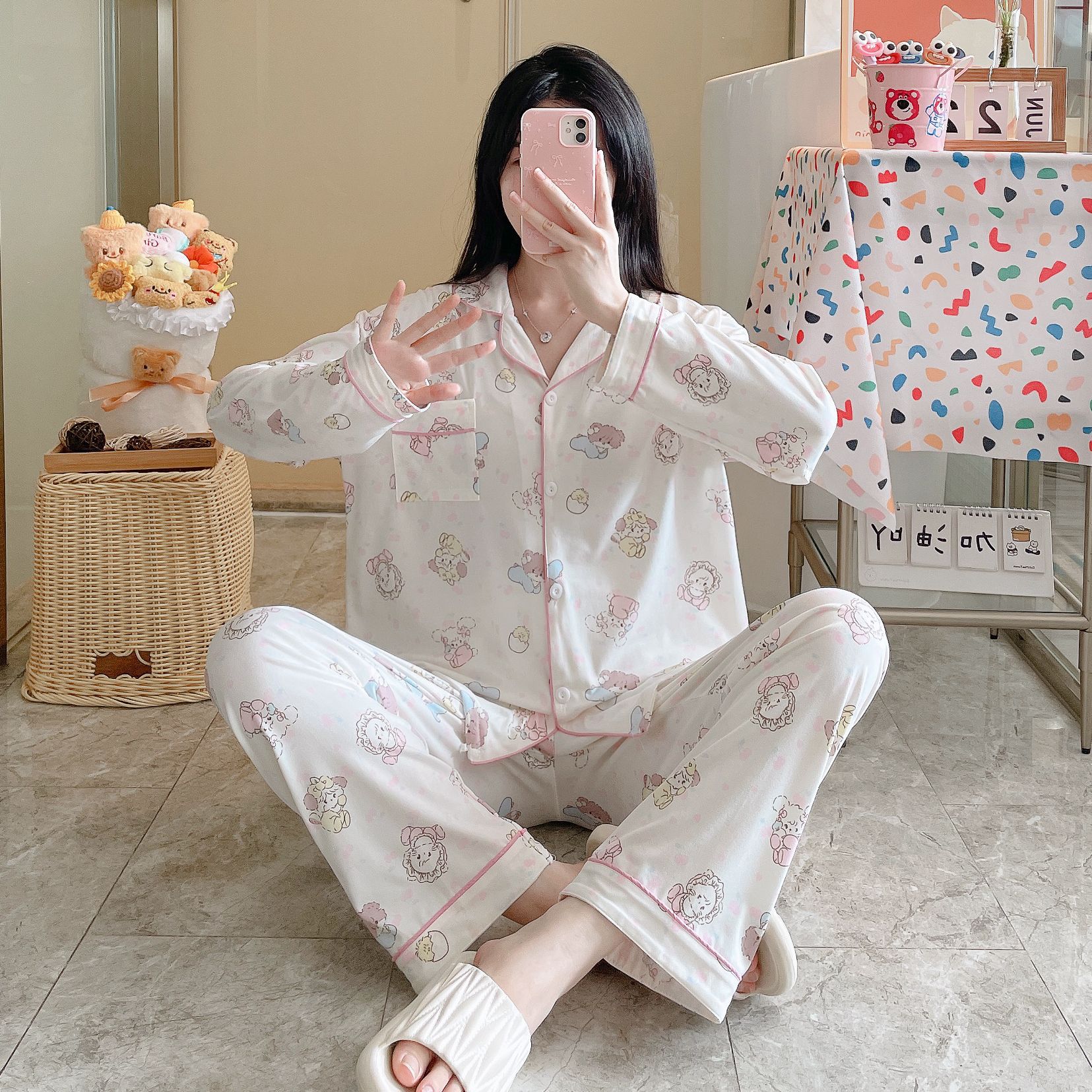 Algodón al por mayor transfronterizo otoño y invierno 180 gramos con solapa pajamas caseros cardigans pantalones de manga larga lindos sueltos