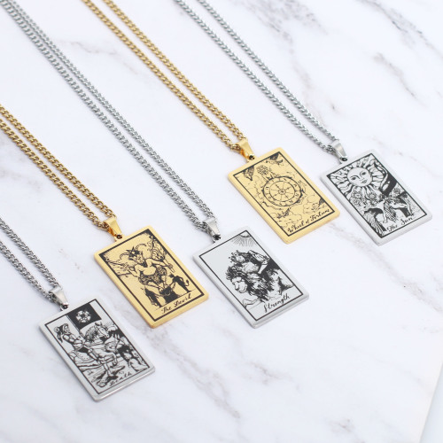 Taro Card Necklace Set of 22 - Vintage Rectangle Pendant Cable Chain Necklace - Titanium Steel