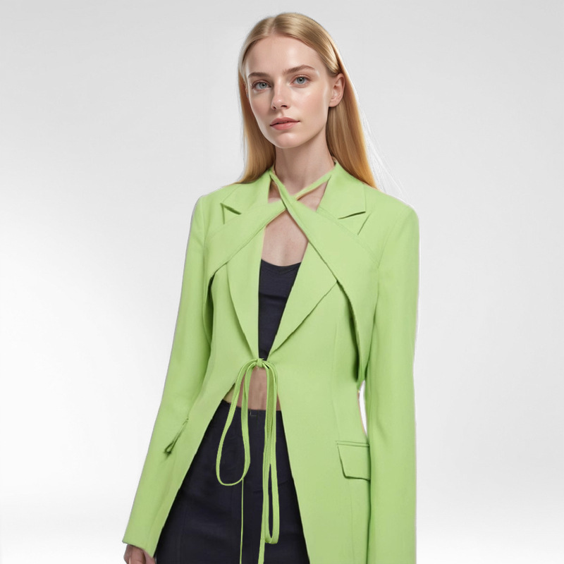 in stock Irregular Cross Lace-up Design Sense Green Suit Jacket Women's Niche Trendy Top Spring and Autumn New