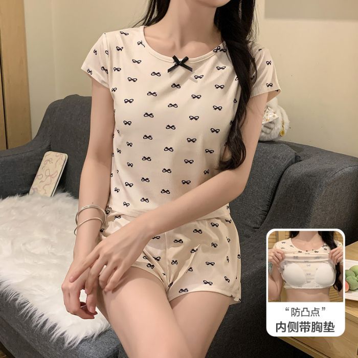 Estilo explosivo con almohadilla para el pecho, seda de hielo, cuello redondo acanalado, Douyin Live, libro rojo, moda de verano, pijamas de manga corta, servicio a domicilio para mujeres image 10