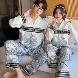 源头厂货2024春季新款情侣睡衣女冰丝水墨虎墨韩版家居服套装厂家