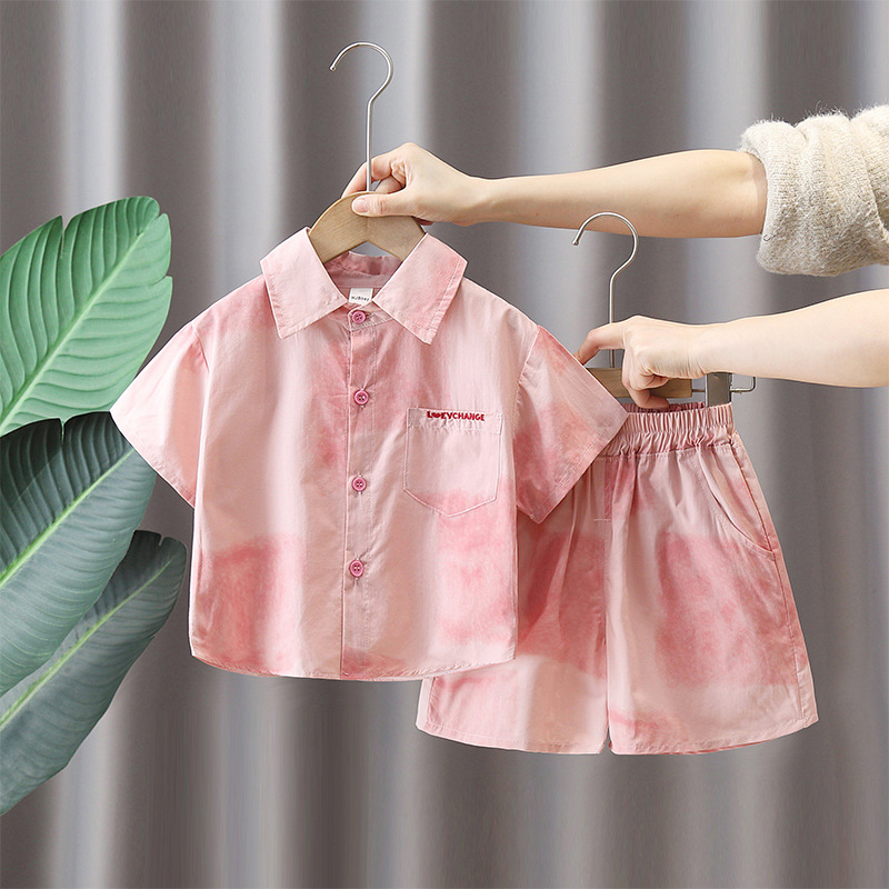 7141 Traje de camisa rosa para niños 2025 nuevo verano niño de manga corta bebé verano delgado traje de dos piezas de moda