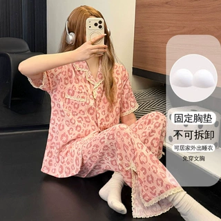 2026新款睡衣女夏季花边蕾丝格子短袖蝴蝶结长裤可外穿家居服套装