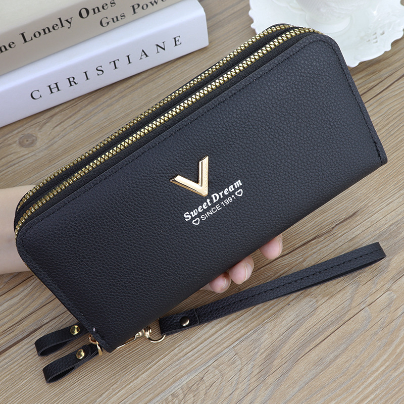 Nueva cartera de las mujeres de la moda de doble capa de la cremallera larga embrague lychee patrón de teléfono móvil bolsa gruesa multi-tarjeta de gran capacidad