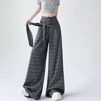 ABWEAR Reverse British-Original Черно-белые клетчатые брюки с нерегулярным дизайном галстука Женские широкие клетчатые брюки.
