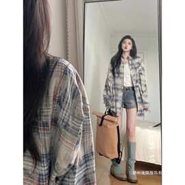 感格子衬衫男四季撞色情侣衬衣oversize美式复古开衫防晒外套