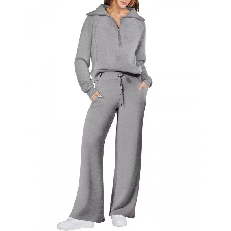 ActiveGo 2024 Autunno Inverno Moda Casual Sportivo Tuta Cerniera Manica Lunga Felpa Pantaloni Gamba Larga Set Due Pezzi per Donna_voghion.com