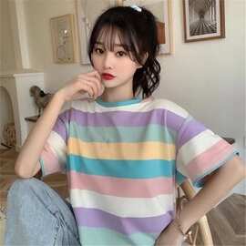 彩虹马卡龙色宽松短袖T恤女夏新款休闲女士打底衫学生大码上衣女