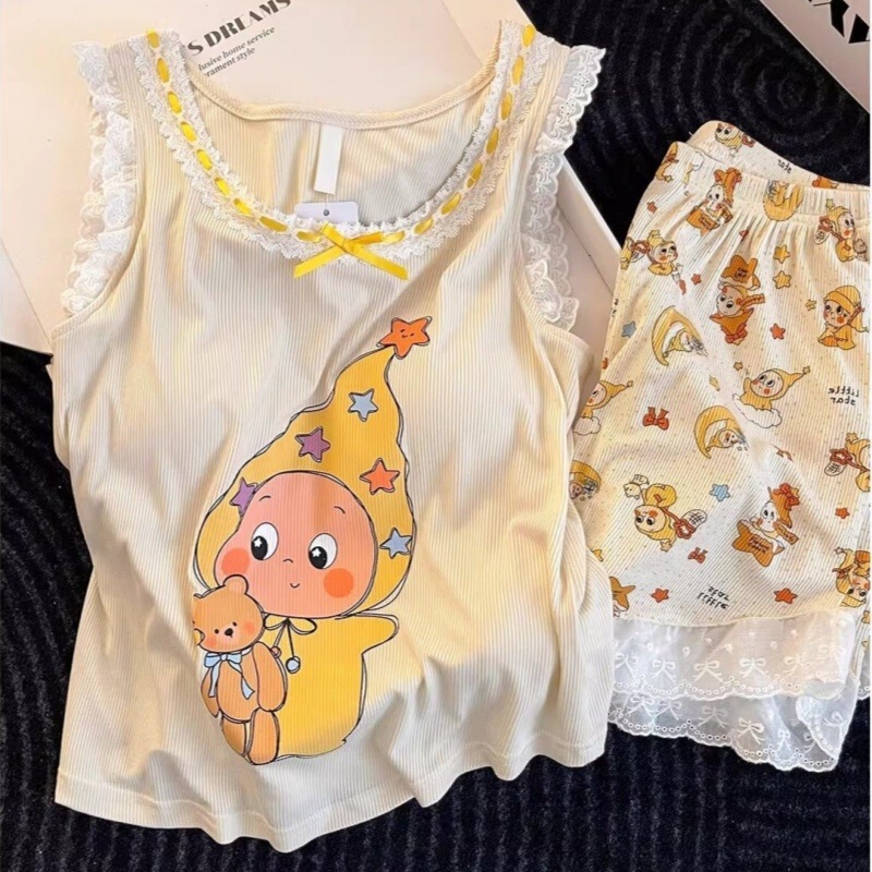Cute Star-Patterned Ice Silk Ribbed Pajamas with Chest Pads for Women, Summer Tank Top and Shorts, Student Influencer Loungewear Set