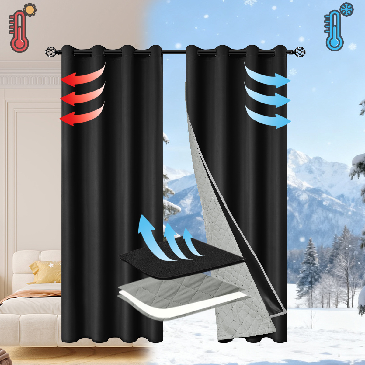 Amazon primavera textil de algodón totalmente sombreado desmontable 2 en 1 cortina de invierno calentamiento cortina de sala de estar a prueba de viento y frío