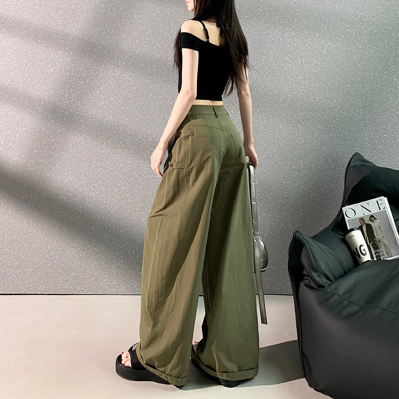 美式绿色工装阔腿裤女夏季薄款设计感宽松直筒拖地休闲裤2025新款|undefined