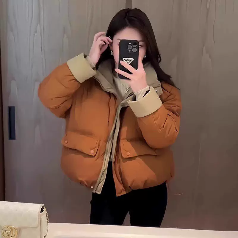 美式甜妹撞色立领棉服女短款冬季新款小个子休闲外套棉袄外套潮