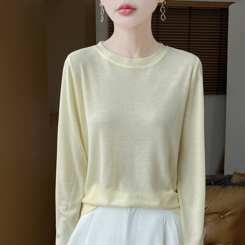 Tencel Long-Sleeved Sweater for Women, High-Quality Basic Style, Versatile, Good Drape, New Autumn and Winter Style, Simple Knitwear, White