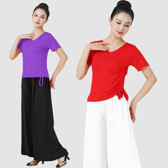 Square Dance Clothing suit Spring and Summer V-Neck Drawstring Short-Sleeved Wide-Leg Pants Dancing Clothes Sports Aerobics Training Clothes