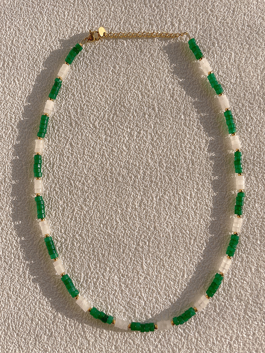 Fashion Round natural stone Titanium Steel Beaded Necklace 1 Piece