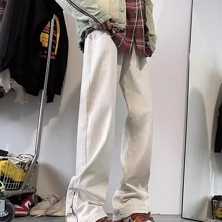 Estilo de moda, color barro amarillo, ropa pesada, lavado, degradado, jeans, pantalones largos de trapeador de marca de moda americana juvenil