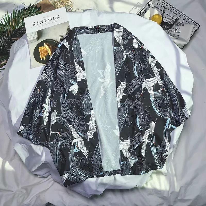 Summer thin retro Ukiyo-painted crane loose kimono robe coat trendy men's Hong Kong style 3/4 sleeve cardigan shirt