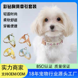 猫狗钻石胸背套装出行牵引绳子皮质PU宠物牵引绳胸背高颜值遛猫绳
