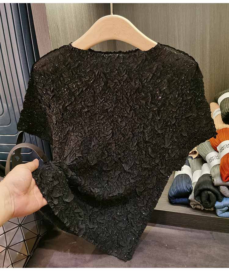 Áo thun ngắn tay nữ cổ tròn xếp li dập nổi kim cương, chất liệu cotton phối polyester, form suông thoải mái, phù hợp đi làm và dạo phố mùa hè — Màu hồng, Màu xanh lá, Màu mơ chi tiết 29