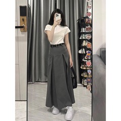 スーツの灰色のa字の傘のスカートの半身のスカートの女性の大きいサイズの太っているmmの春夏の高い腰はやせている中の長いタイプの百のスカートを現します。