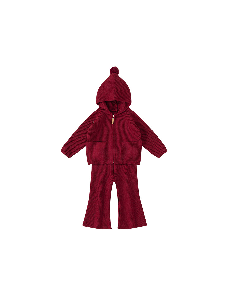 Youbao Children's Clothing Solid Color Hooded Sweater Set Winter New Arrival New Year Girls' Knitted Flared Pants Two-Piece Set