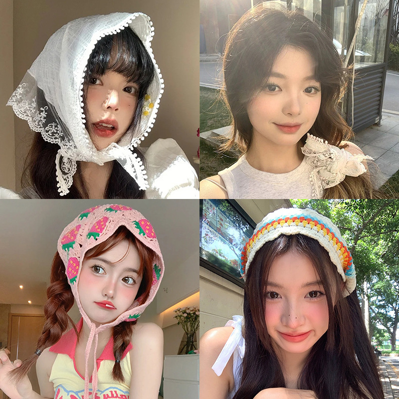 T hijab mujeres Pastoral viento 2025 nuevo estilo retrógrado francés de punto banda de cabello de dopamina banda de cabello pañuelo triángulo joyas para el cabello