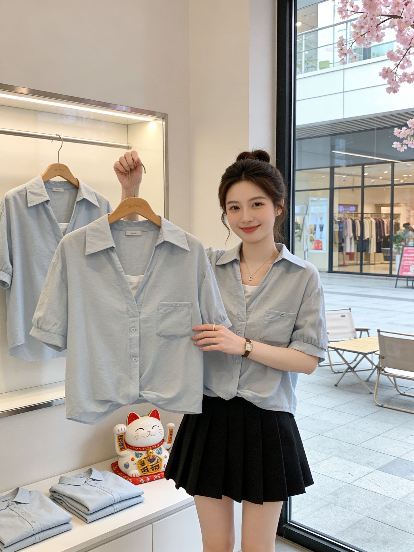 Áo sơ mi nữ tay ngắn giả hai lớp màu xanh lam thiết kế trẻ trung — xanh lam chi tiết 9