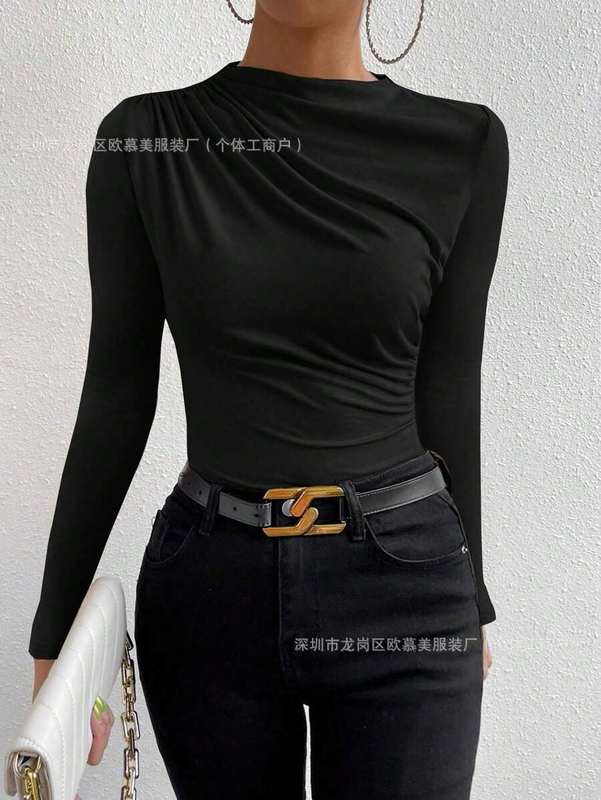 跨境2025欧美亚马逊纯色修身打底衫百搭女式纯色长袖褶饰时尚T恤|undefined