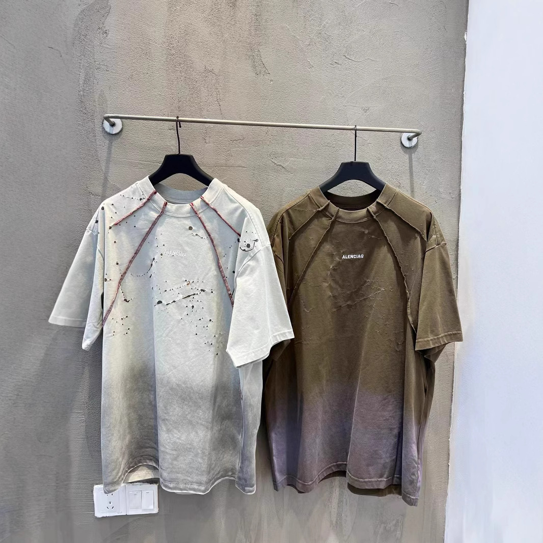 25FW 하이 버전 B의 새로운 여름 스타일 남성과 여성의 같은 스타일 웨이스트랜드 스타일 더블 링 자수 스플라이싱 반팔 티셔츠