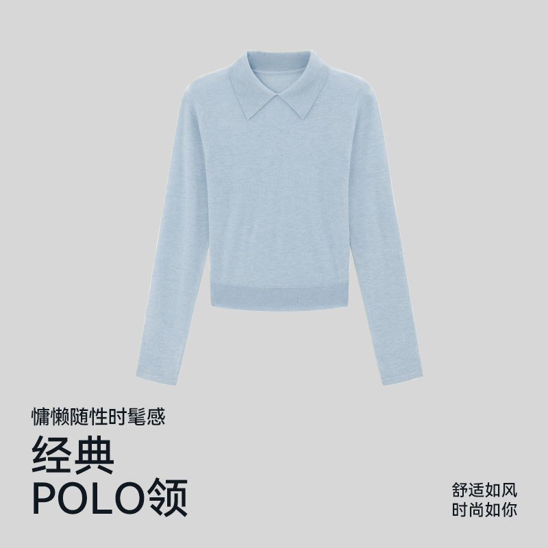 Mulberry Silk + Wool Autumn and Winter Pullover Polo Collar Woolen Loose, Light, Breathable and Slim Long-Sleeved Short T-Shirt for Women