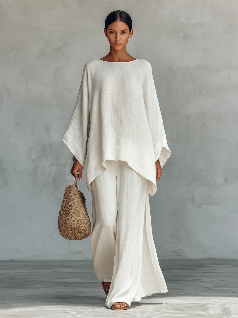 Breathable Linen-Blend Batwing Sleeve Shirt And Wide-Leg Pants Set For Women, Comfortable Office To Casual Wear, Available In Multiple Colors_ecoleips.com