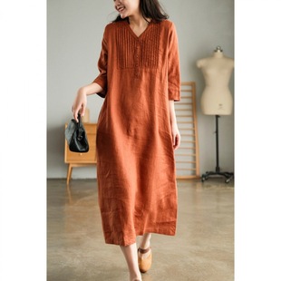 2022 spring and summer linen half sleeve Western style age-reducing fashion dress women's casual collar thin over-the-knee dress
