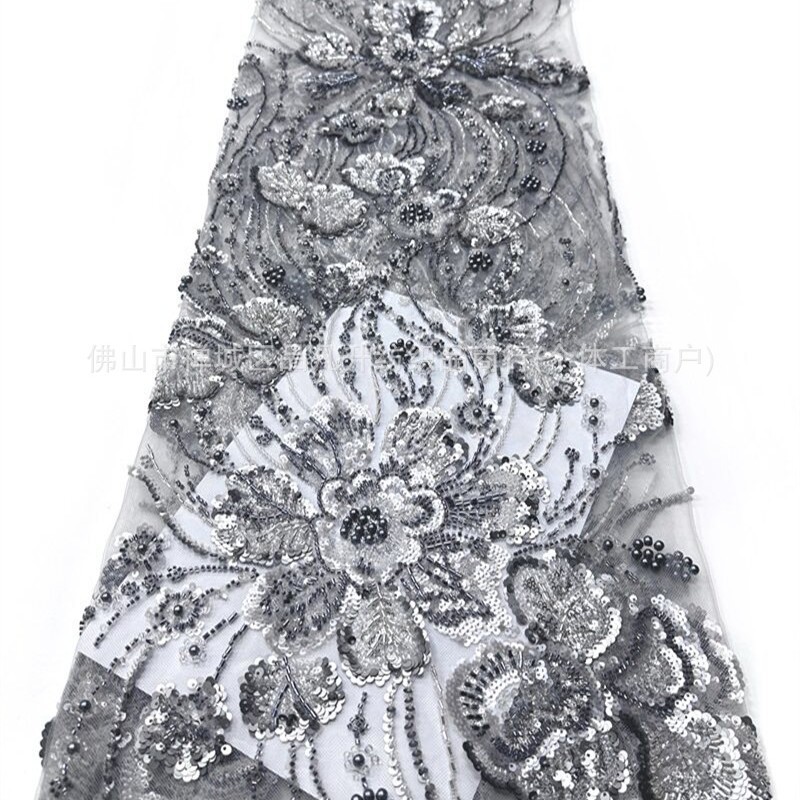 Flores tela de malla de cuentas de clavos de fabricación pesada sequinilla perla bordada cola de pescado cena brindis vestido de boda tela