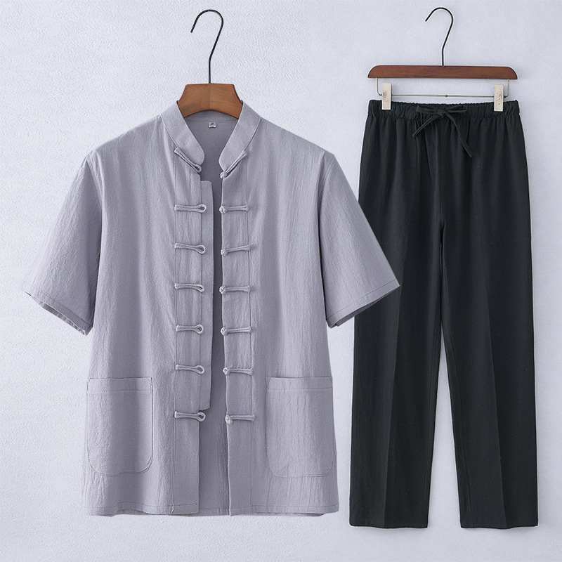 Traje Tang de estilo chino Traje de manga corta de algodón y lino para hombres de mediana edad y ancianos Traje Hanfu casual para hombres retro Traje delgado de verano