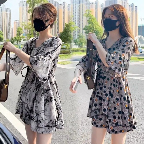 Summer chiffon set loose high-waist slimming stylish fashionable dress plus-size women's fat shorts two-piece set
