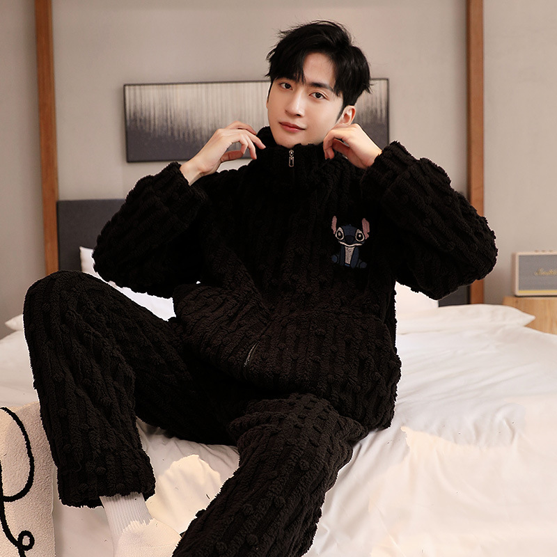 Invierno nuevo simple color sólido hombre pijama casual relajado encantador dibujos animados ropa de casa de dos piezas set