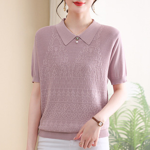 Mother's Summer Short-sleeved T-shirt Middle-aged and Elderly Women's Western-style Knitted Shirt Grandma's plus size Turtleneck Top