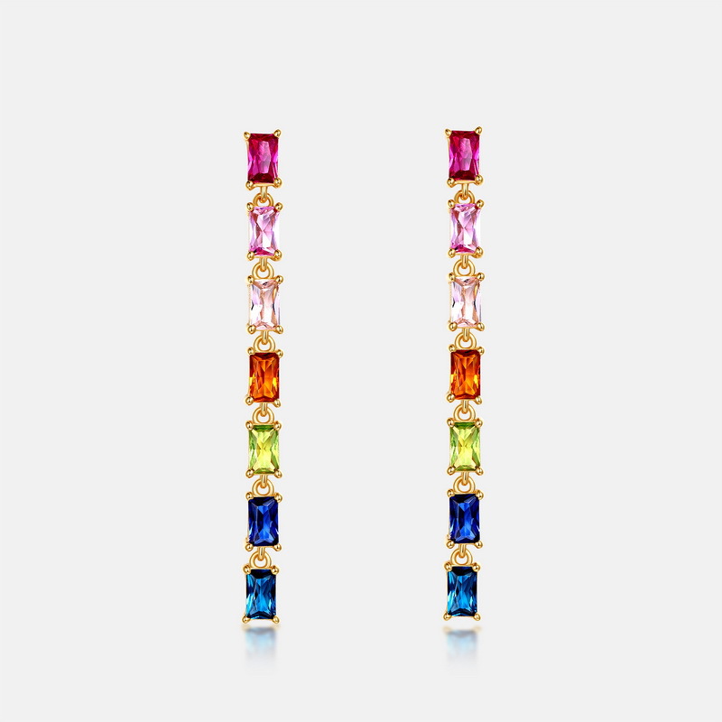 Pendientes de circonita de arco iris largos transfronterizos nuevos Pendientes de lujo ligero de circonio multicolor con incrustaciones de plata S925 simple y elegante