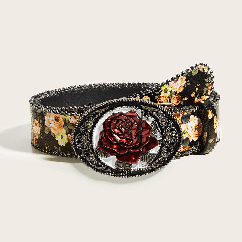 Cross-Border European and American Style Retro Rose Flower Design Niche Women's Fashion Belt Accessory Printed Leather Belt for Jeans Cross-Border European and American Style Retro Rose Flower Design Niche Women's Fashion Belt Accessory Printed Leather Belt for Jeans