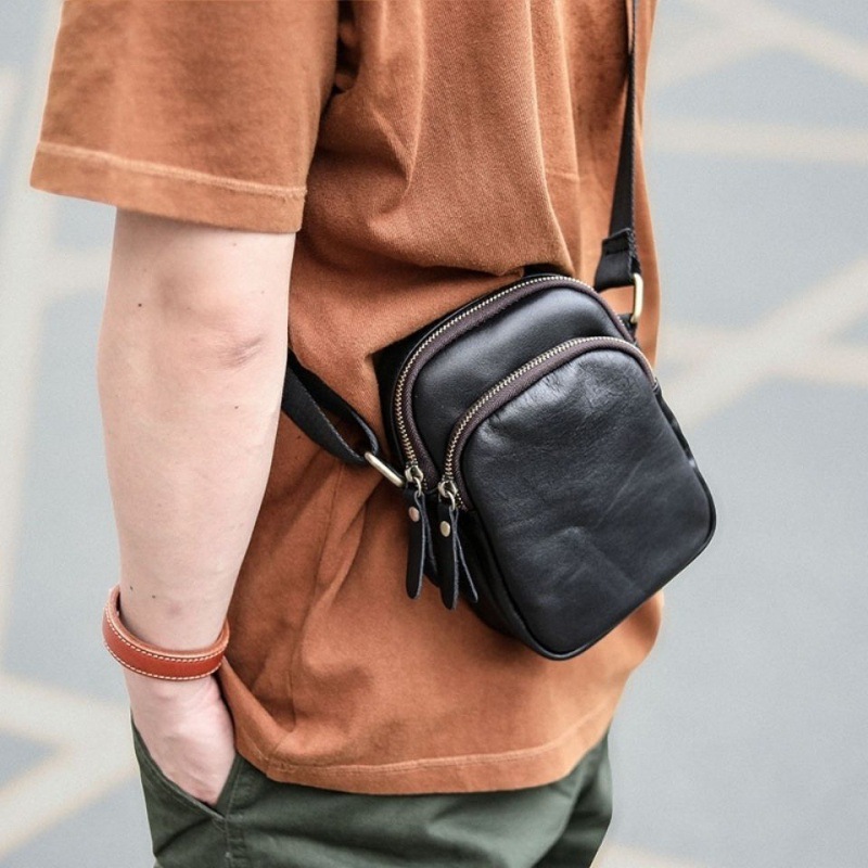 日系男士真皮单肩斜挎包男ins潮小包潮牌迷你牛皮休闲挎包