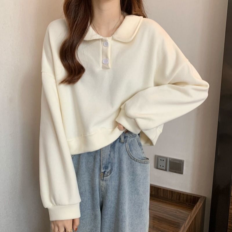 Autumn 2023 New Korean Style Small Top Women's POLO Collar Stychy Loose Short Sweat Design Sense Niche Autumn 2023 New Korean Style Small Top Women's POLO Collar Stychy Loose Short Sweat Design Sense Niche