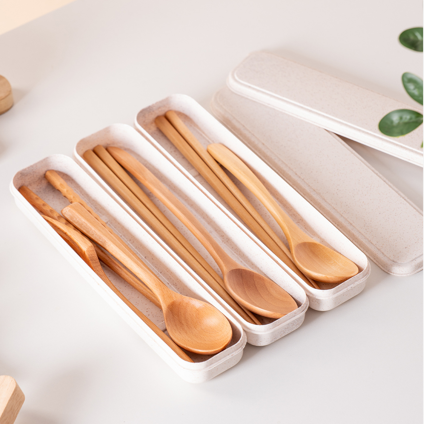 Almuerzo de cuello blanco de estilo simple, caja de almacenamiento portátil, cuchara de madera, palillos de madera, viaje de estudiante al aire libre, traje de cuchara, palillos y tenedor