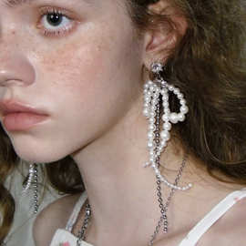 新款跨境爆款蝴蝶结珍珠耳环简约时尚长款水钻流苏耳钉耳饰女