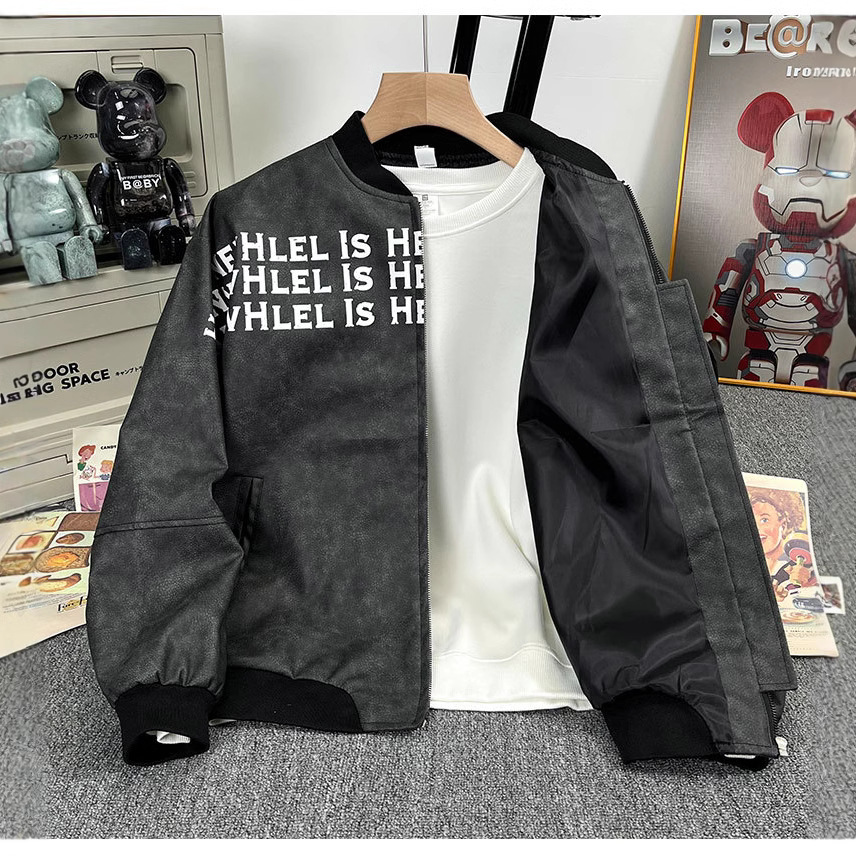 Cuero PU estilo americano de moda de calle alta chaqueta de cuello de béisbol hombre chaqueta con cremallera suelta chaqueta casual