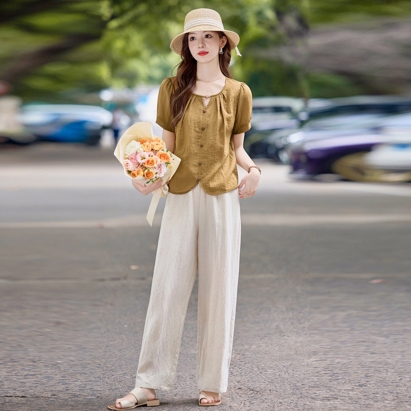 女性のためのootd衣装年齢軽減スーツの完全なセット2025夏の新しいシャツトップ気質ワイドレッグパンツ2点セット|undefined