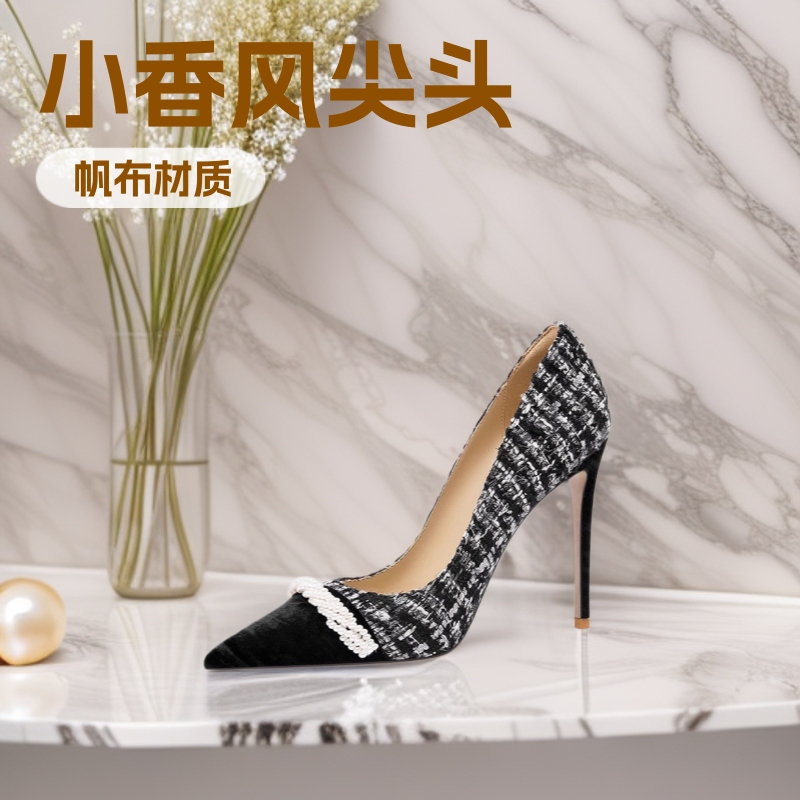 Extra Wide and Large Size Chanel-Style Ultra-High Heels with Thin Pointed Toe, Women's Shoes with Color-Block Jacquard Fabric, Versatile Single Shoes, Large Sizes 31 to 44