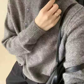 【鱼骨包扣】半高领厚款单排扣小个子慵懒针织开衫女毛衣秋冬新款