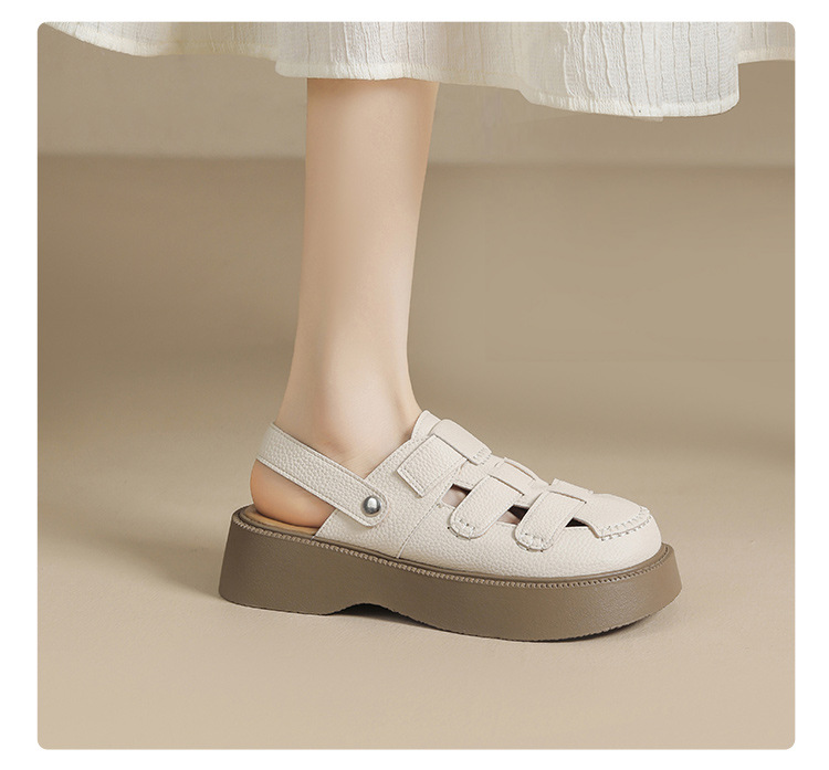 Sandal bít mũi đế dày phong cách La Mã nữ, quai chữ V — AB16N be đen chi tiết 15