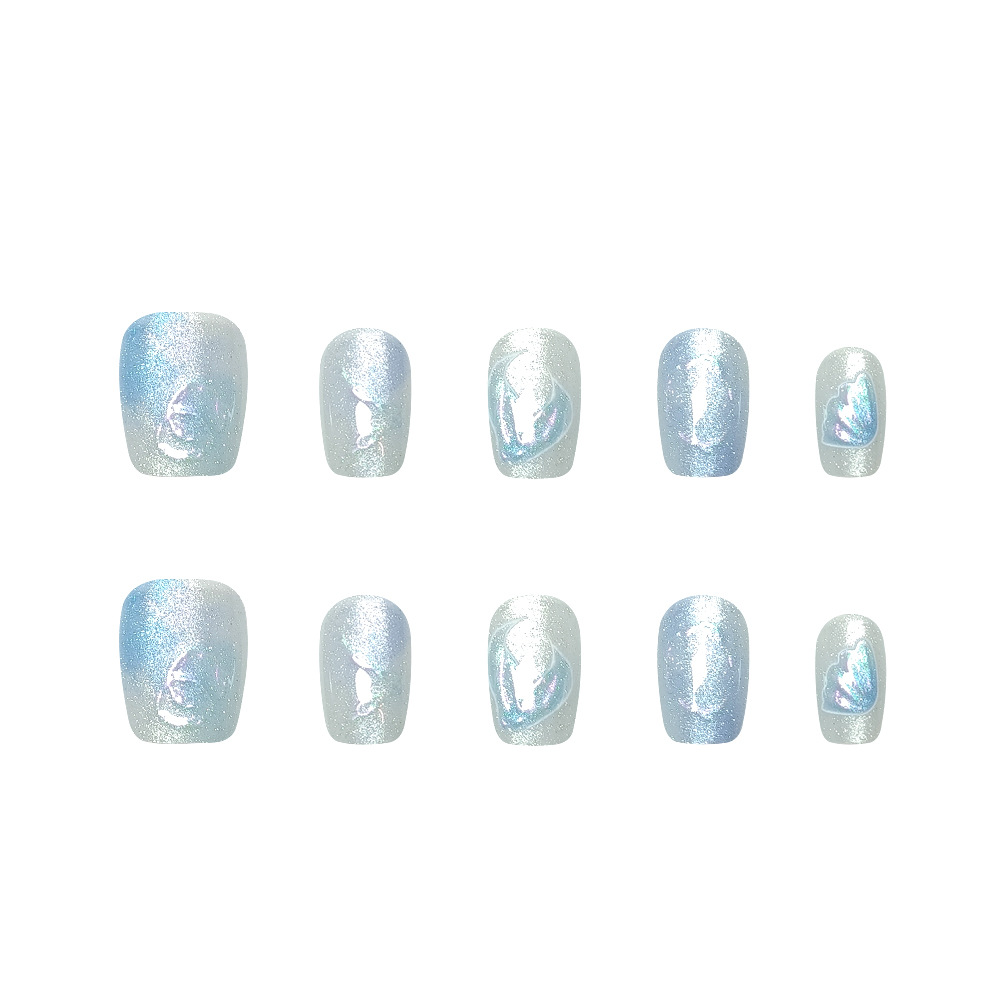 Cola de sirena azul gradiente parche de uñas simple ojo de gato 10 piezas decodificación desgaste a mano
